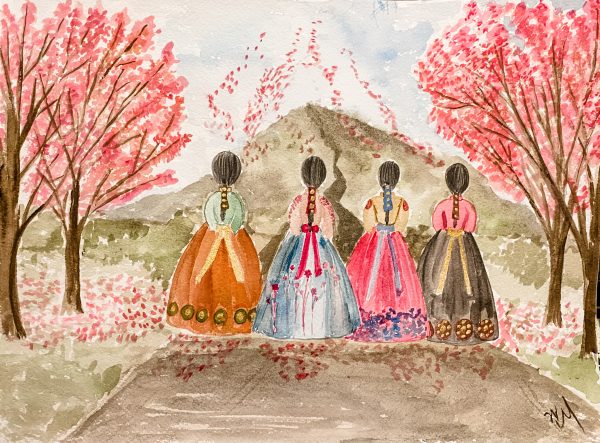 Four Korean women in traditional Korean Hanboks following the cherry blossom petals on their path to Heaven.